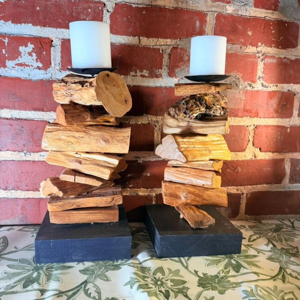 2 Piece Stacked Glazed Wood Candle Holders (with candles)